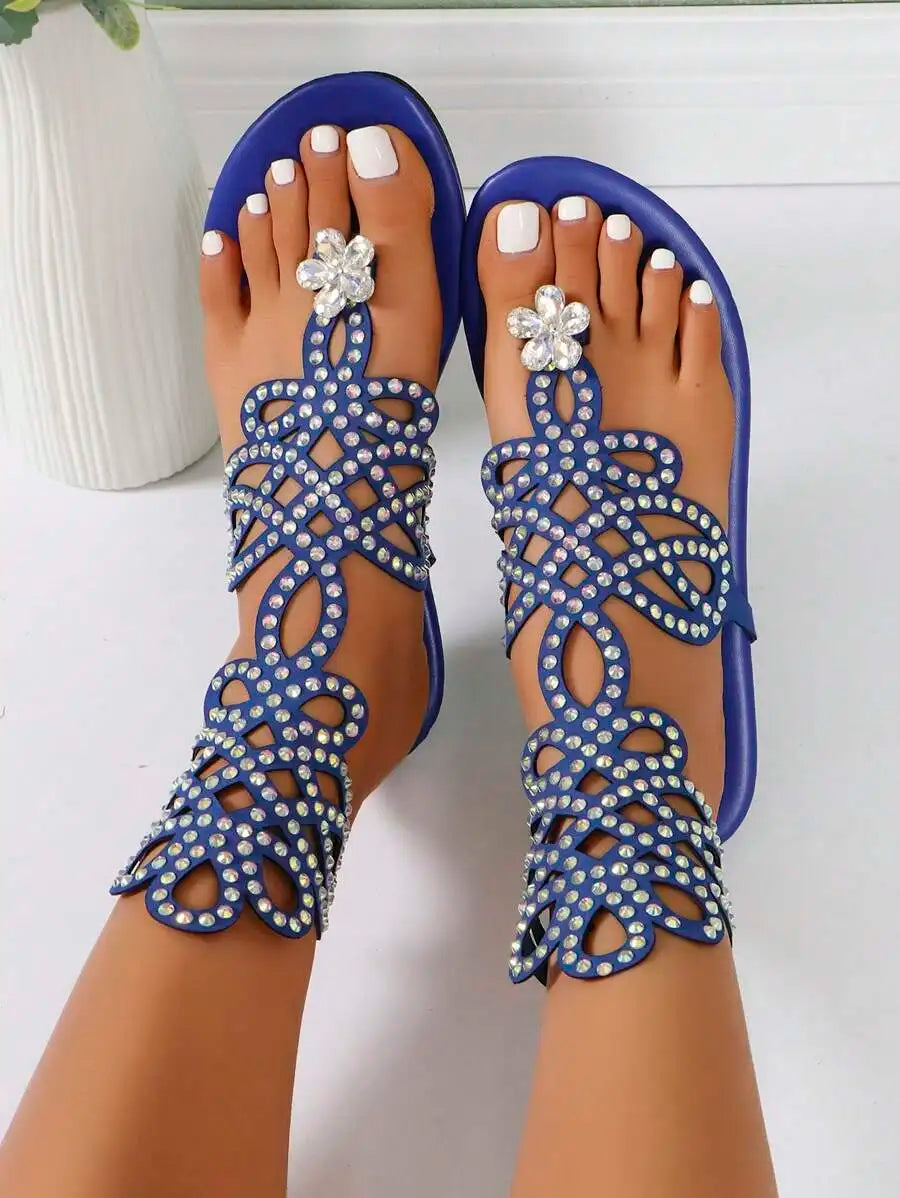 Womens Sparkling Rhinestone Roman Style Thong Sandals Blue Hollow Woven With Iridescent Crystals