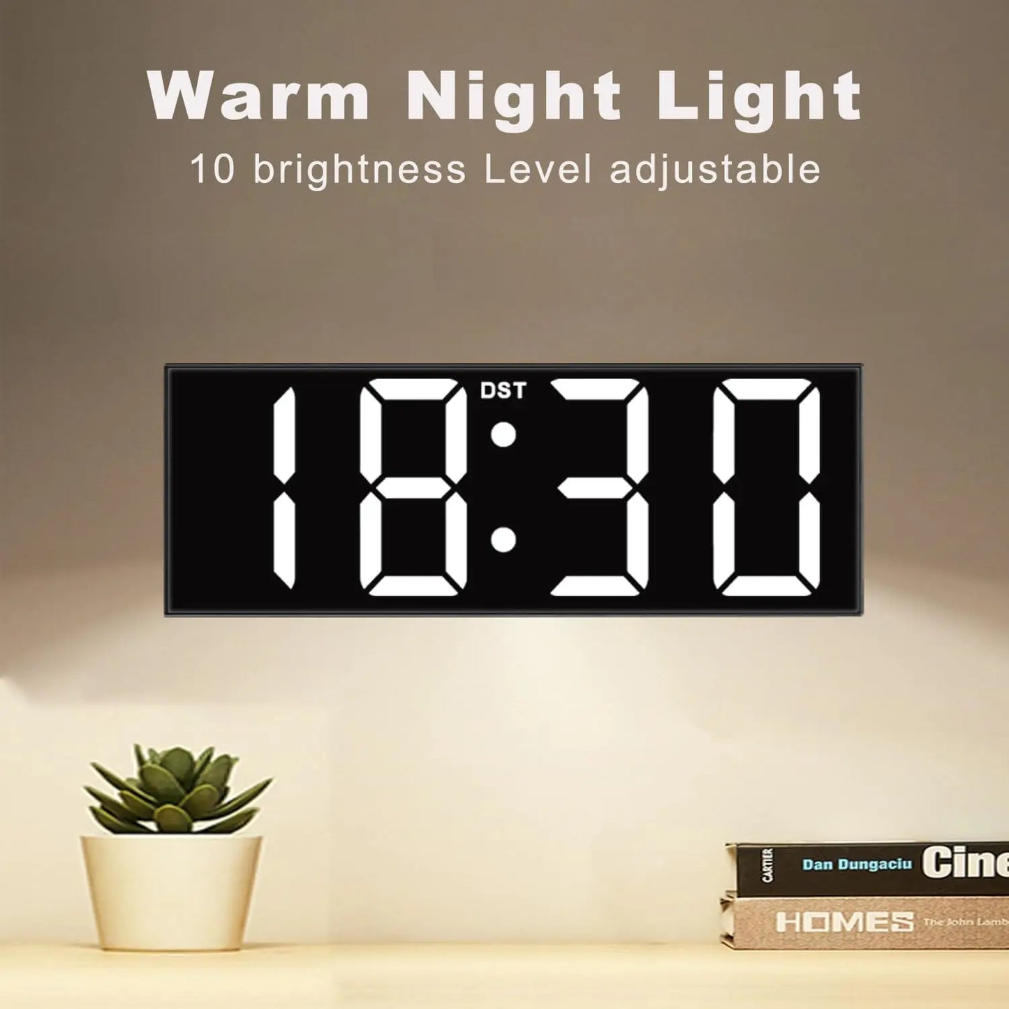 12'' Large Digital Wall Clock, Big LED Display, DST, Night Light for Classroom, Living Room, Bedroom, White