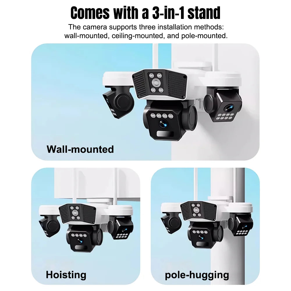 6MP Three Lens Solar Security Camera Wireless WiFi Outdoor PTZ Camera 3 Screen Full Color Night Vision Motion Detection Sound Light Alarm IP66 Waterproof Surveillance Cam