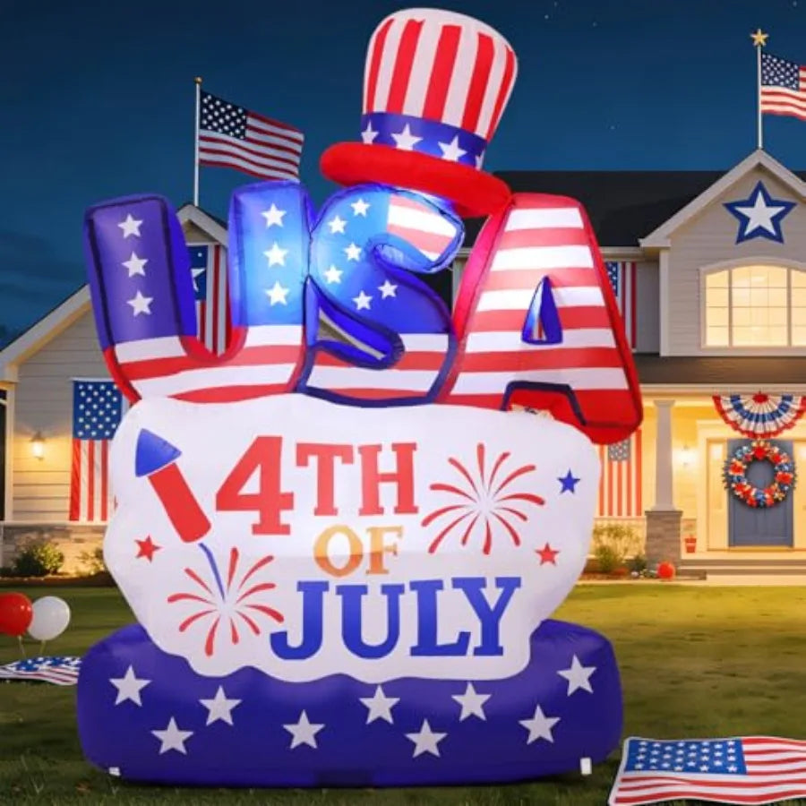 6.2FT 4th of July Inflatable Patriotic Decoration, USA Letter Hat Blow Up Yard Decor with Built-in LED Lights for Independence