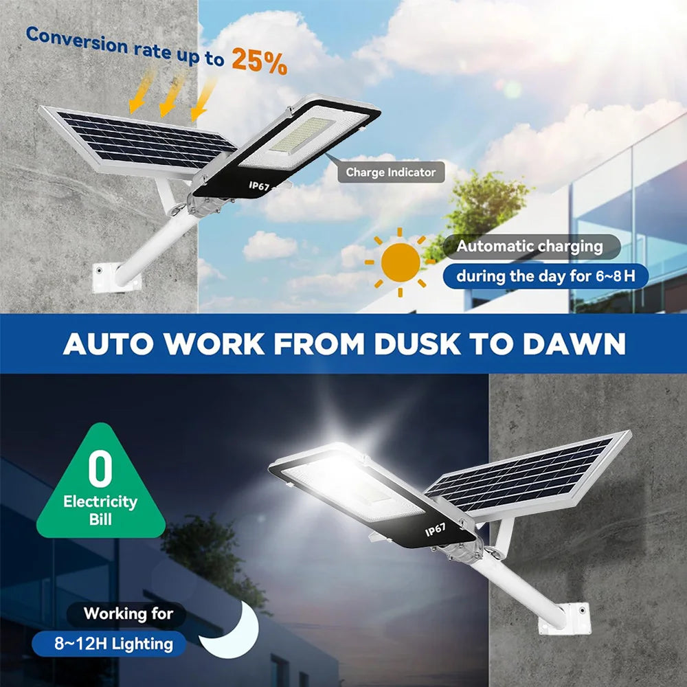 Solar Light High-Power 6500K LED Dusk to Dawn Waterproof LED Solar Street Light Backyard Street Lamps Security Flood Lighting