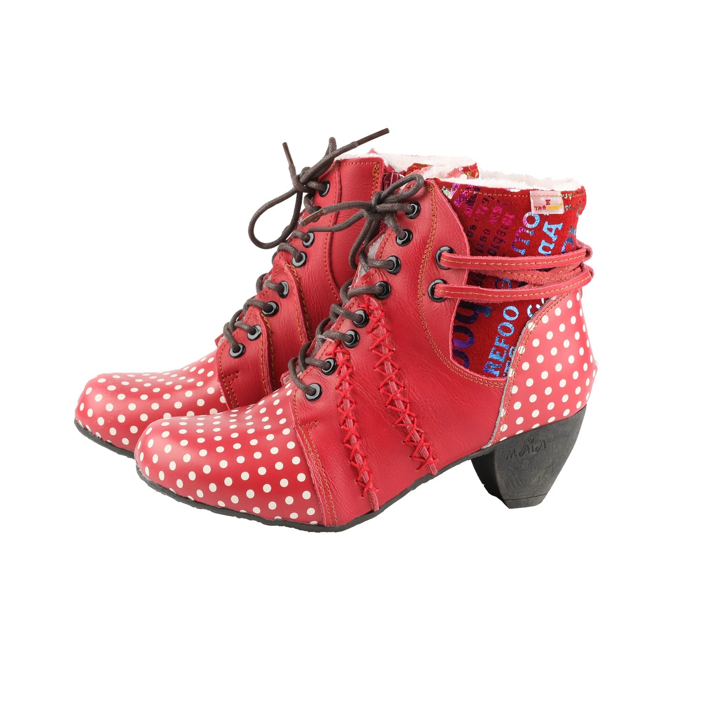 TMA EYES Women's Retro Polka Dot Mid Heel Boots Spring Autumn Winter Fashion Patchwork Chunky Heel Side Zipper Ankle Boots