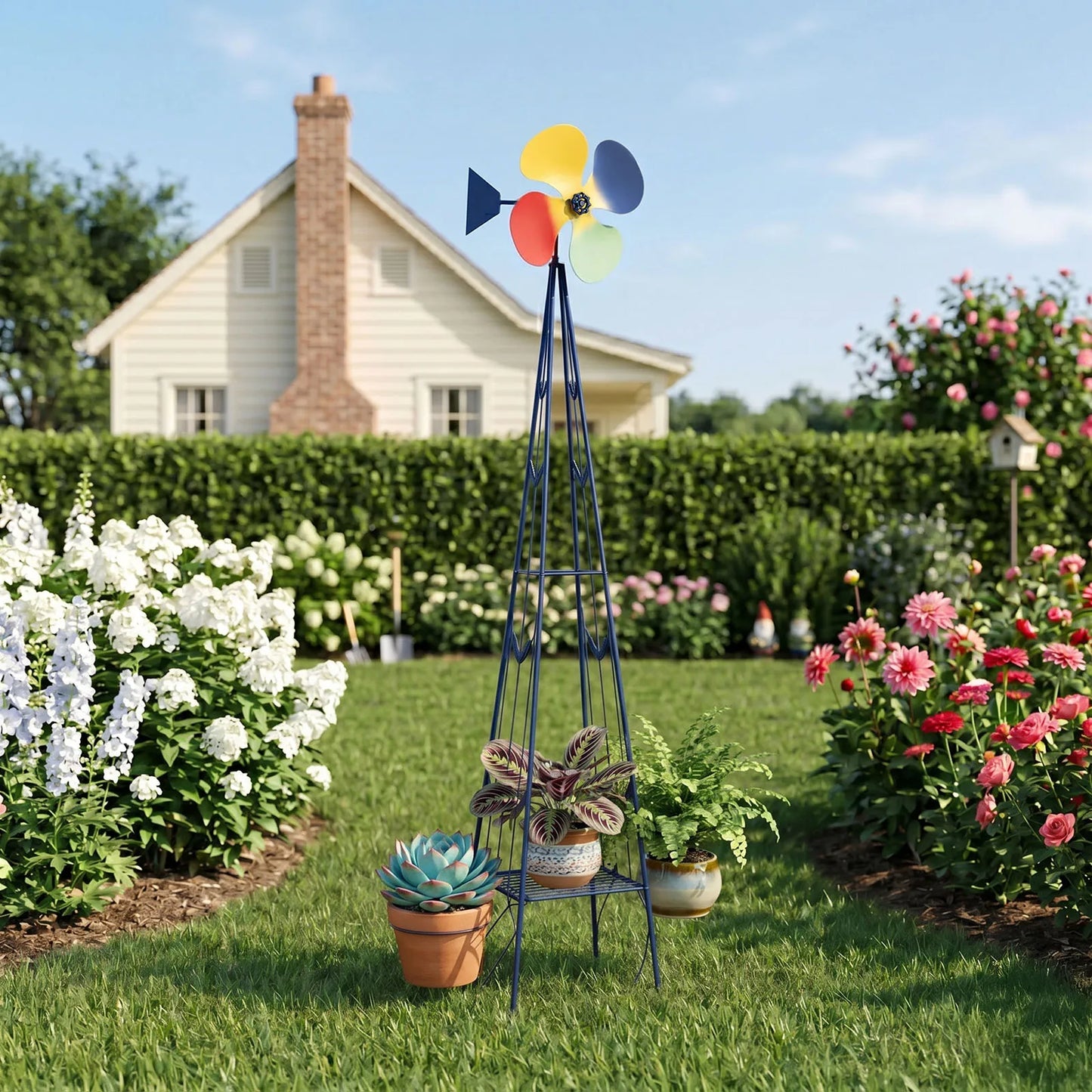 6.2FT Dark Blue Iron Garden Windmill Decor, Weather Resistant Anti-Rust Outdoor Wind Spinner with 4 Smooth Rotatable Blades, Stable 4-Leg Stand with Storage Shelf Easy Assembly Yard Patio Lawn Ornament