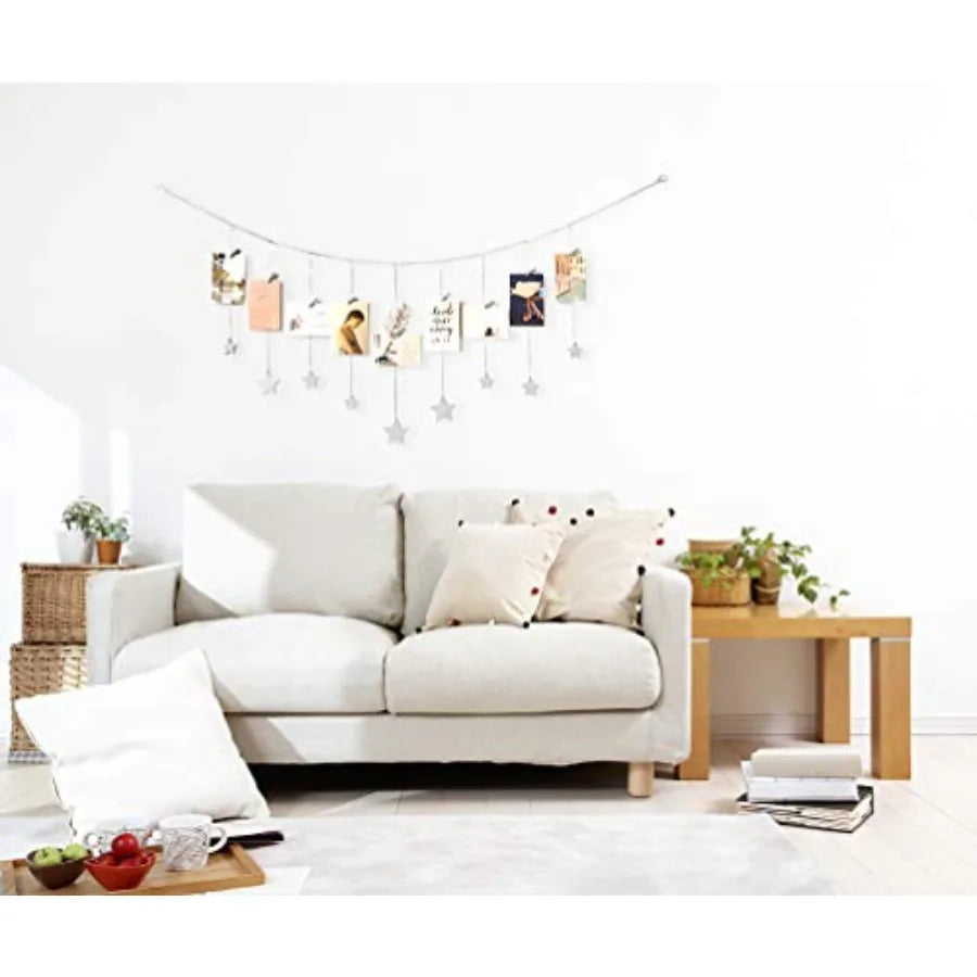 Hanging Photo Display Boho Decor Wooden Stars Garland with Metal Chains, Pictures Cards Holder with 25 Wood Clips, Wall Art for