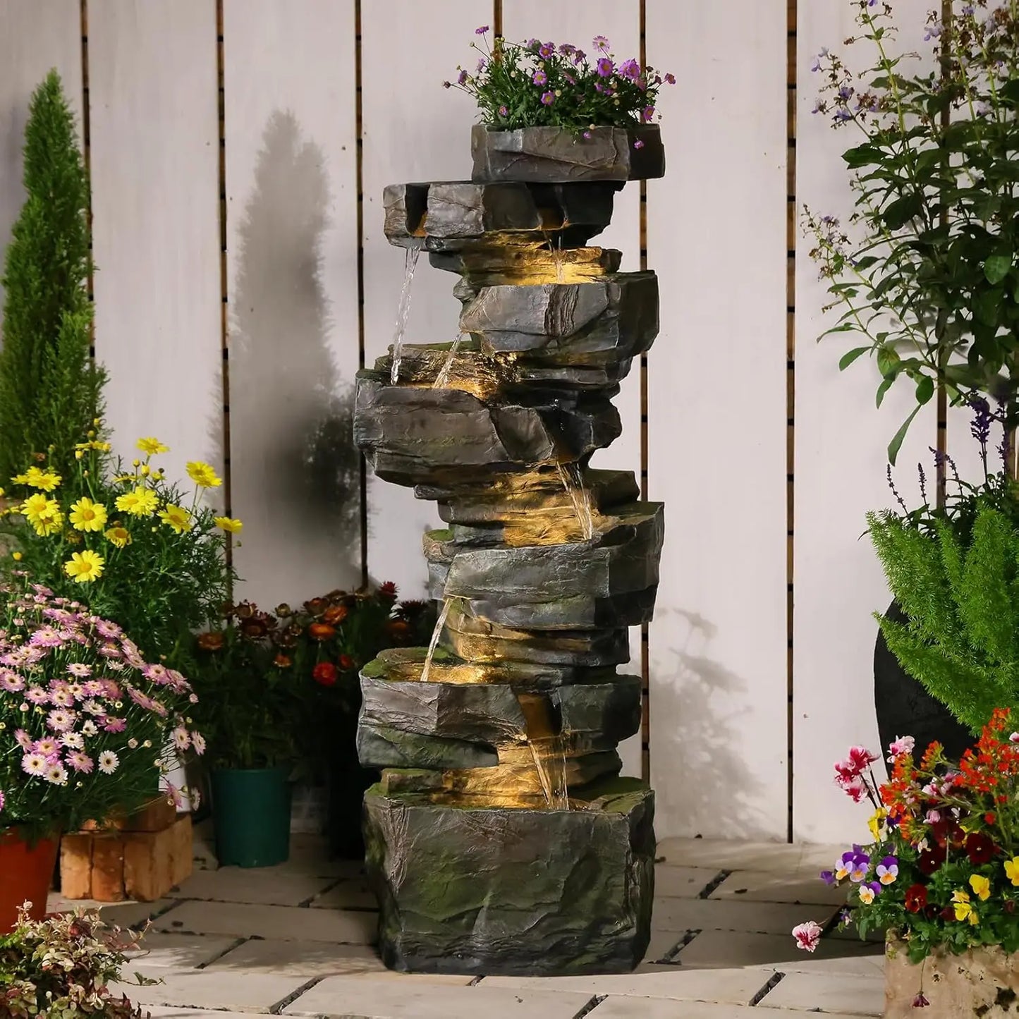 40in 5-Tier Tree Trunk Outdoor Water Fountain LED Garden Patio Backyard Decor, Customized