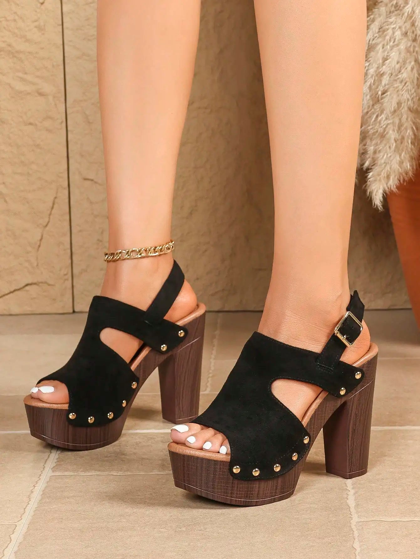 Women's Slingback Peep Toe Mule Heels Suede Summer Shoes Platform Chunky Heels Platform Sandals