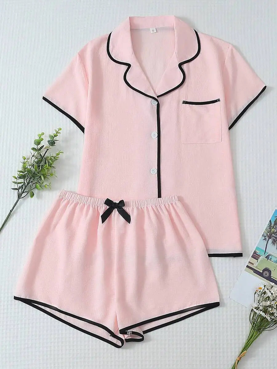 Womens 2-Piece Pajama Set With Collar Top And Bow Shorts
