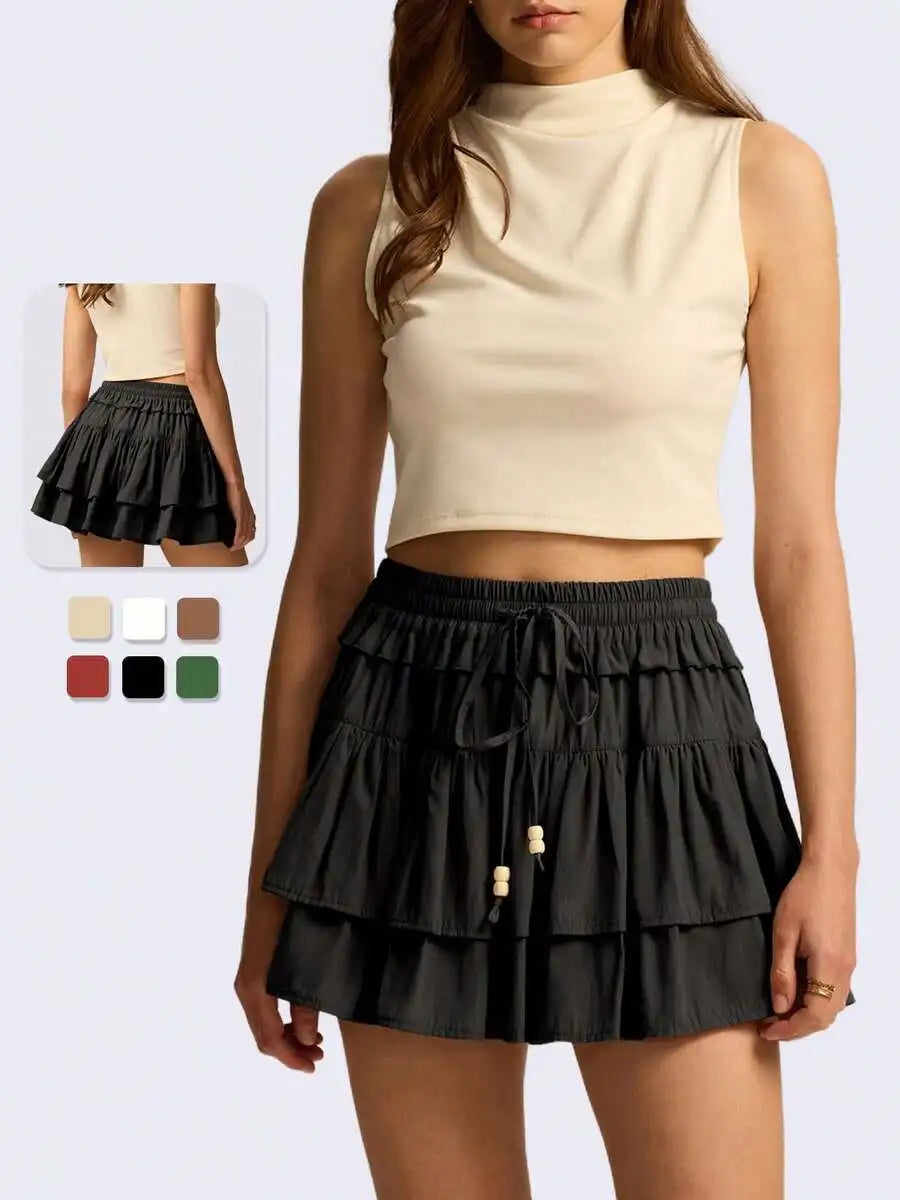 Womens High Waist Tiered Ruffle Mini Skort With Drawstring And Built-In Shorts