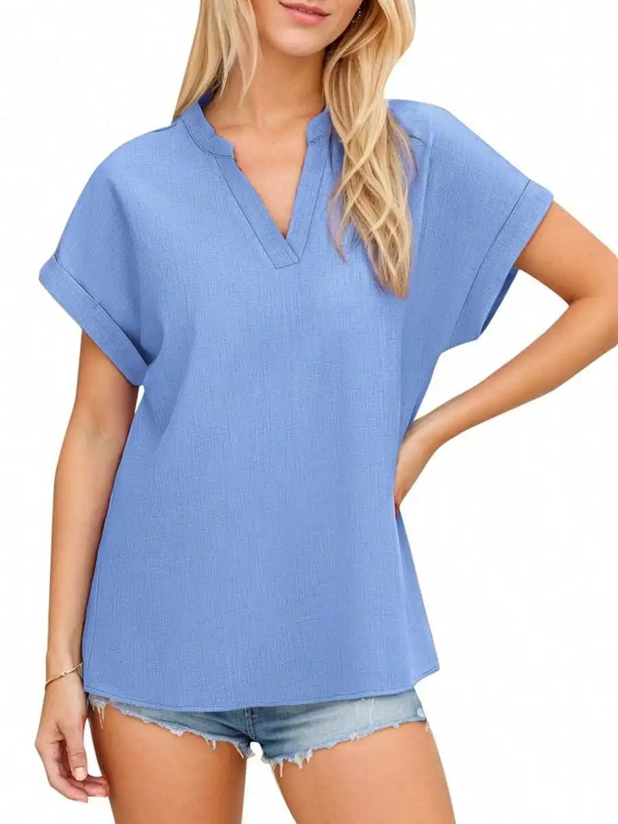 Women Non-Stretch Woven V Neck Casual Short Batwing Sleeve Blouse