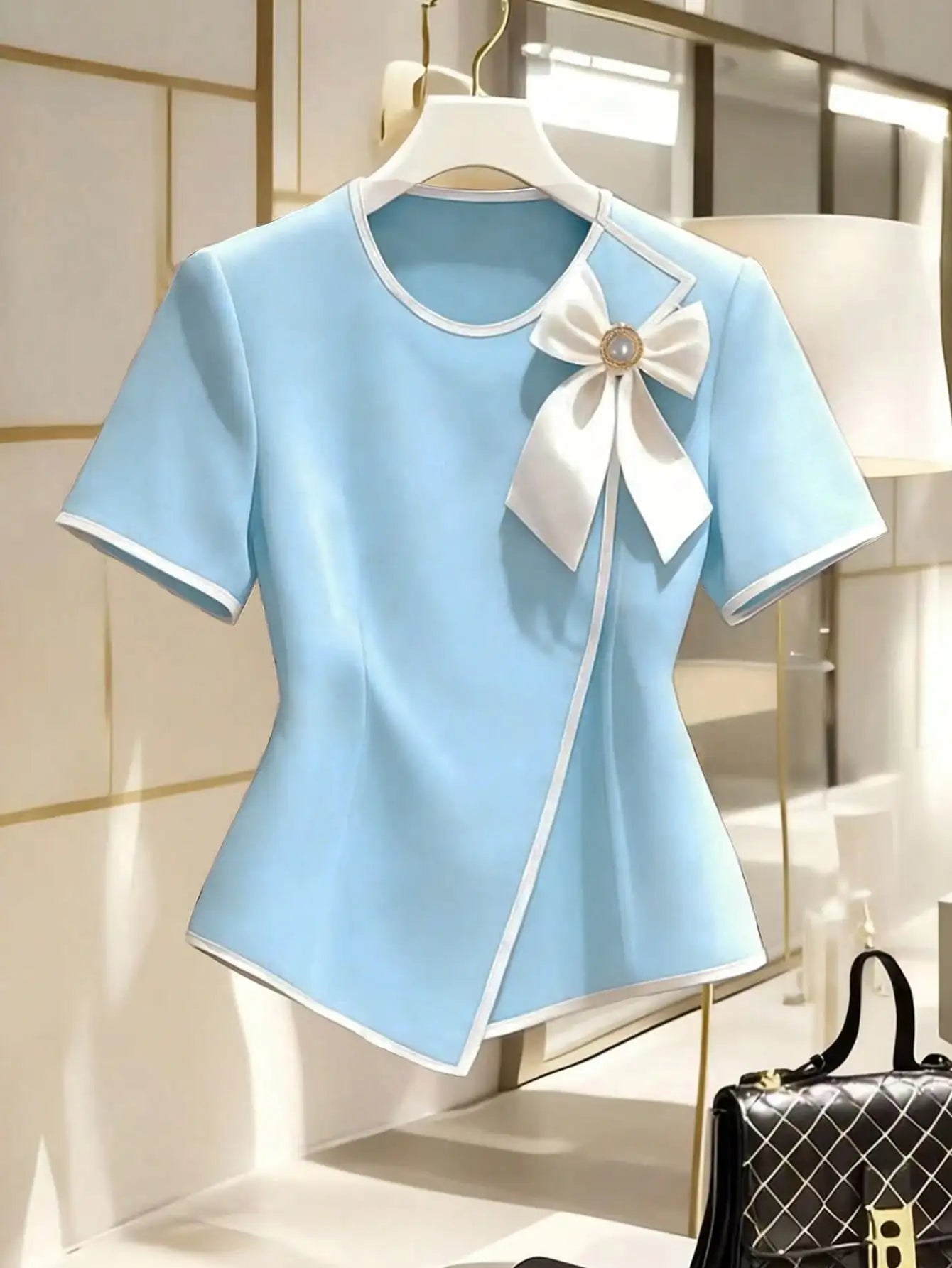 Elegant Bow Collar Short Sleeve Blouse With Asymmetric Hem For Office And Casual