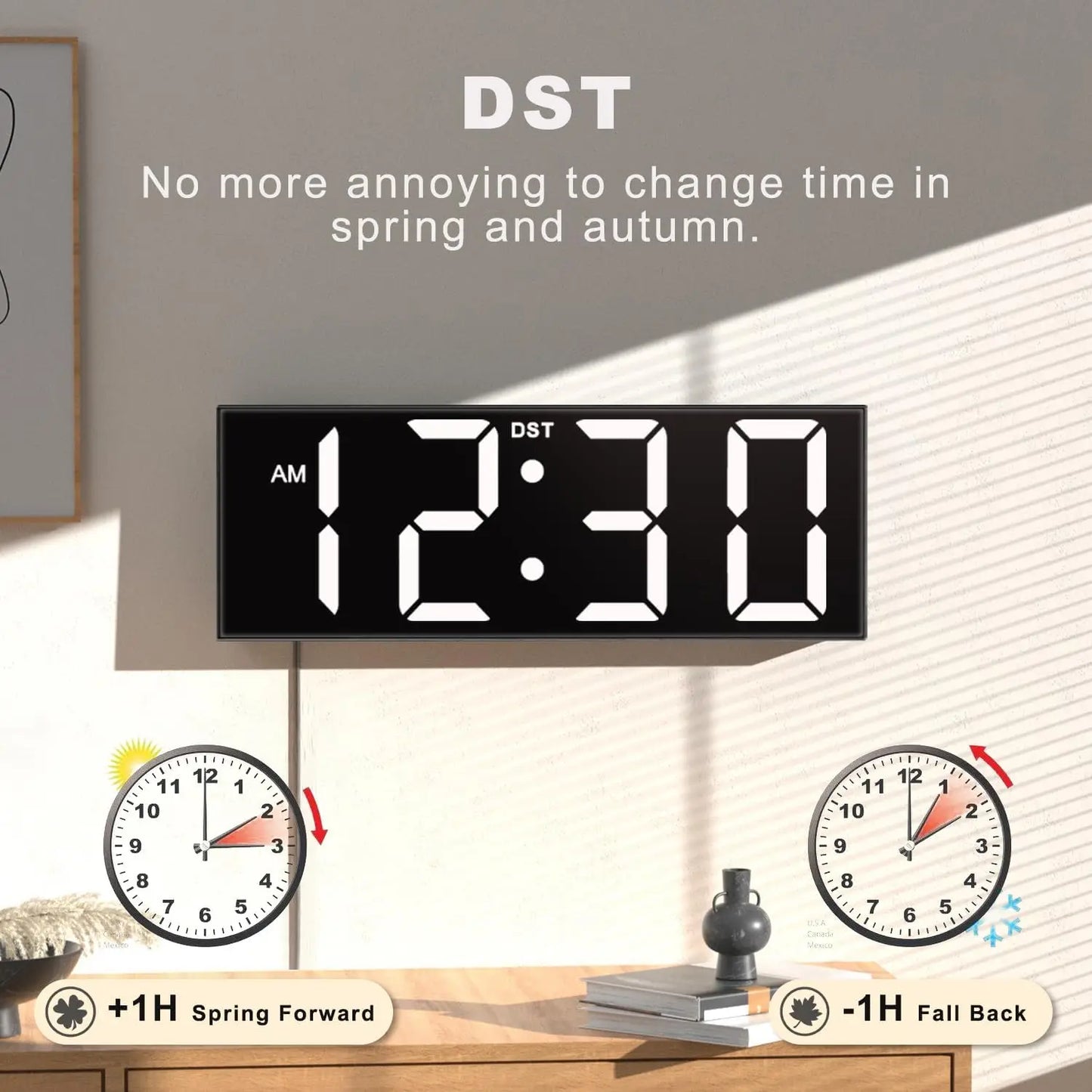 12'' Large Digital Wall Clock, Big LED Display, DST, Night Light for Classroom, Living Room, Bedroom, White