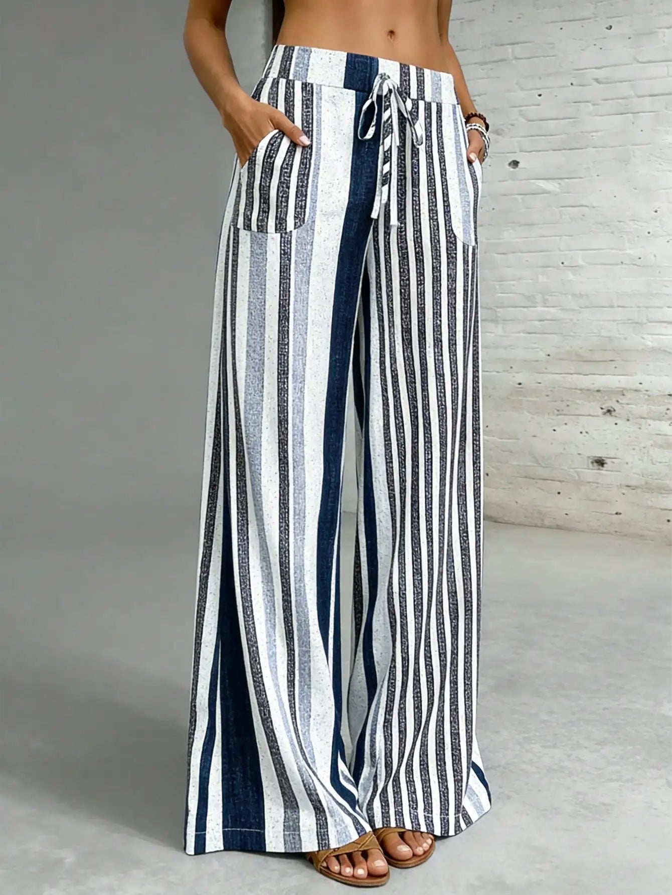 Casual Solid Drawstring Waist Wide Leg Pants For Women