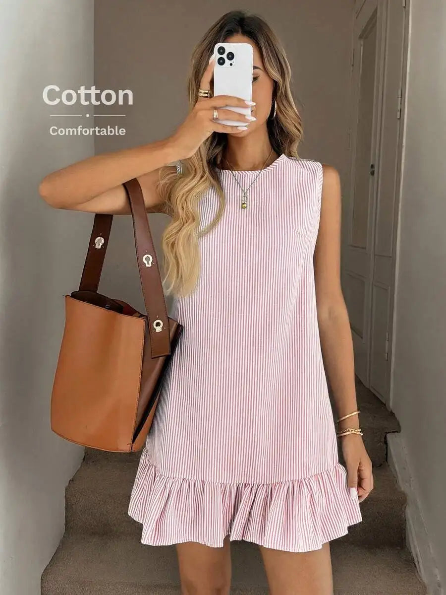 Pink And White Stripe Ruffle Hem Sleeveless Round Neck Mini Dress For Women