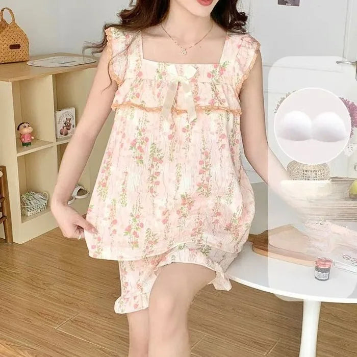 Set Sexy Women Summer Pajamas Sleeveless Sleepwear Trousers Sets Short Sleeve Sleepwear Women's Pajama Sleeping Sleep Lounge