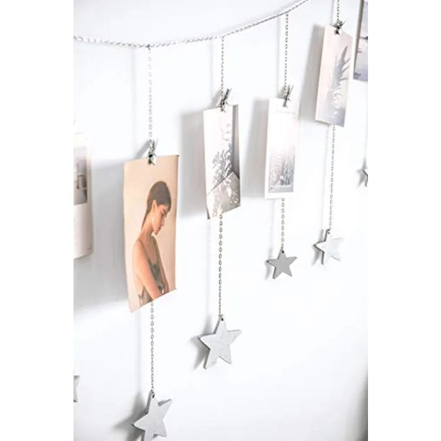 Hanging Photo Display Boho Decor Wooden Stars Garland with Metal Chains, Pictures Cards Holder with 25 Wood Clips, Wall Art for