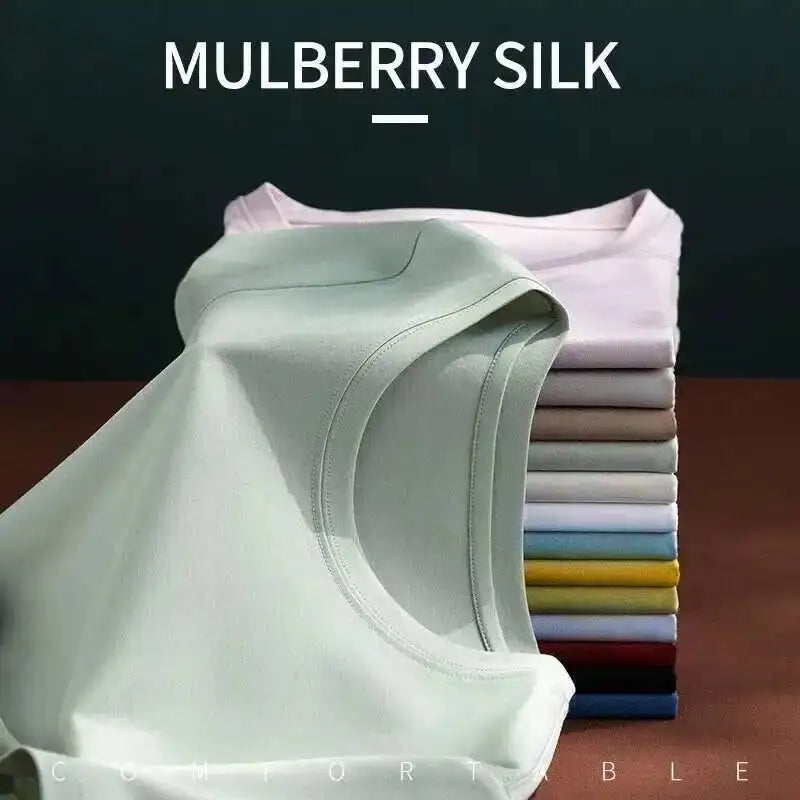 Summer 6% Mulberry Silk Cotton T-shirts Women Loose Round Neck Short Sleeve Luxury Tee Solid Color Basic Tops