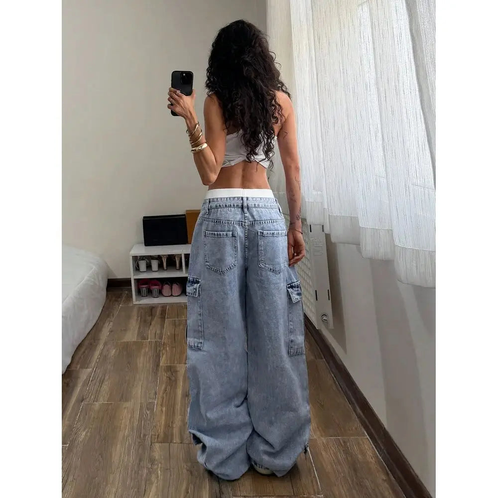 Womens Pocket Button Casual Loose Fit Everyday Wear Wide Leg Jeans Baggy Jeans Y2k Women Baggy Jeans Oversized Jeans Wide Leg Pa