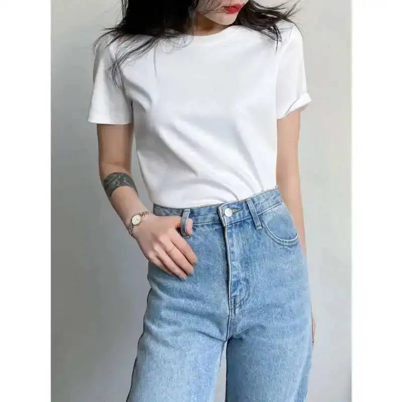 Summer 6% Mulberry Silk Cotton T-shirts Women Loose Round Neck Short Sleeve Luxury Tee Solid Color Basic Tops