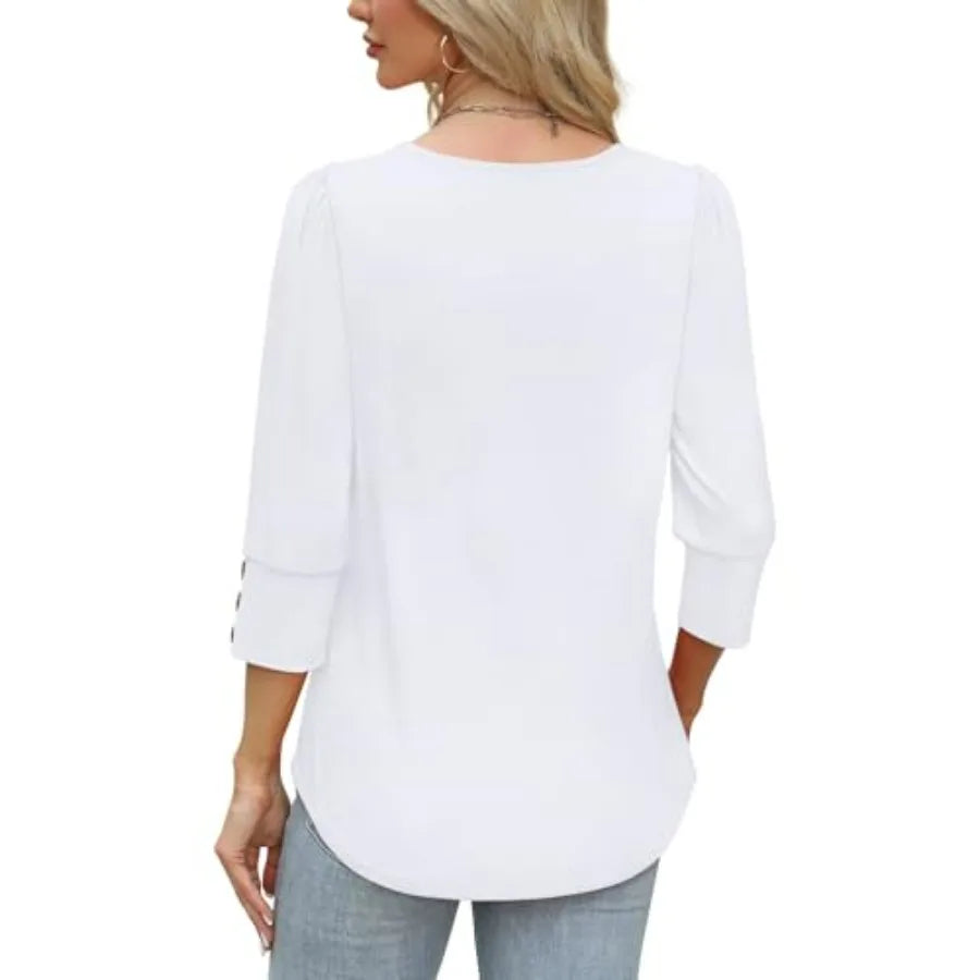 OFEEFAN Womens Tops 3/4 Sleeve with Buttons Dressy Casual Blouses Summer Outfits Beach Vacation Plus Size Spring Clothes