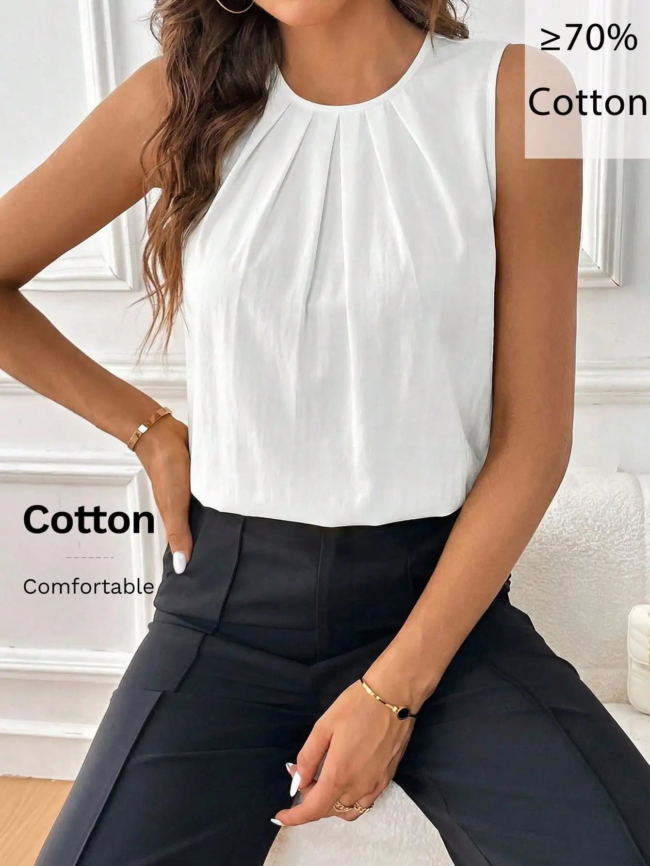 Elegant Pleated Round Neck Sleeveless Blouse For Women Casual Office Top