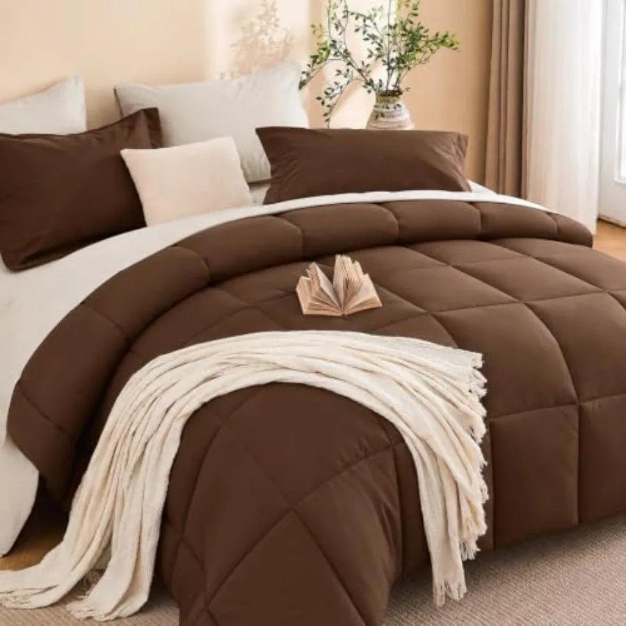 7 Pieces Brown Comforter Set Queen Size, Reversible Bed in a Bag Queen, All Season Bedding Set with Comforter, Flat and Fitted