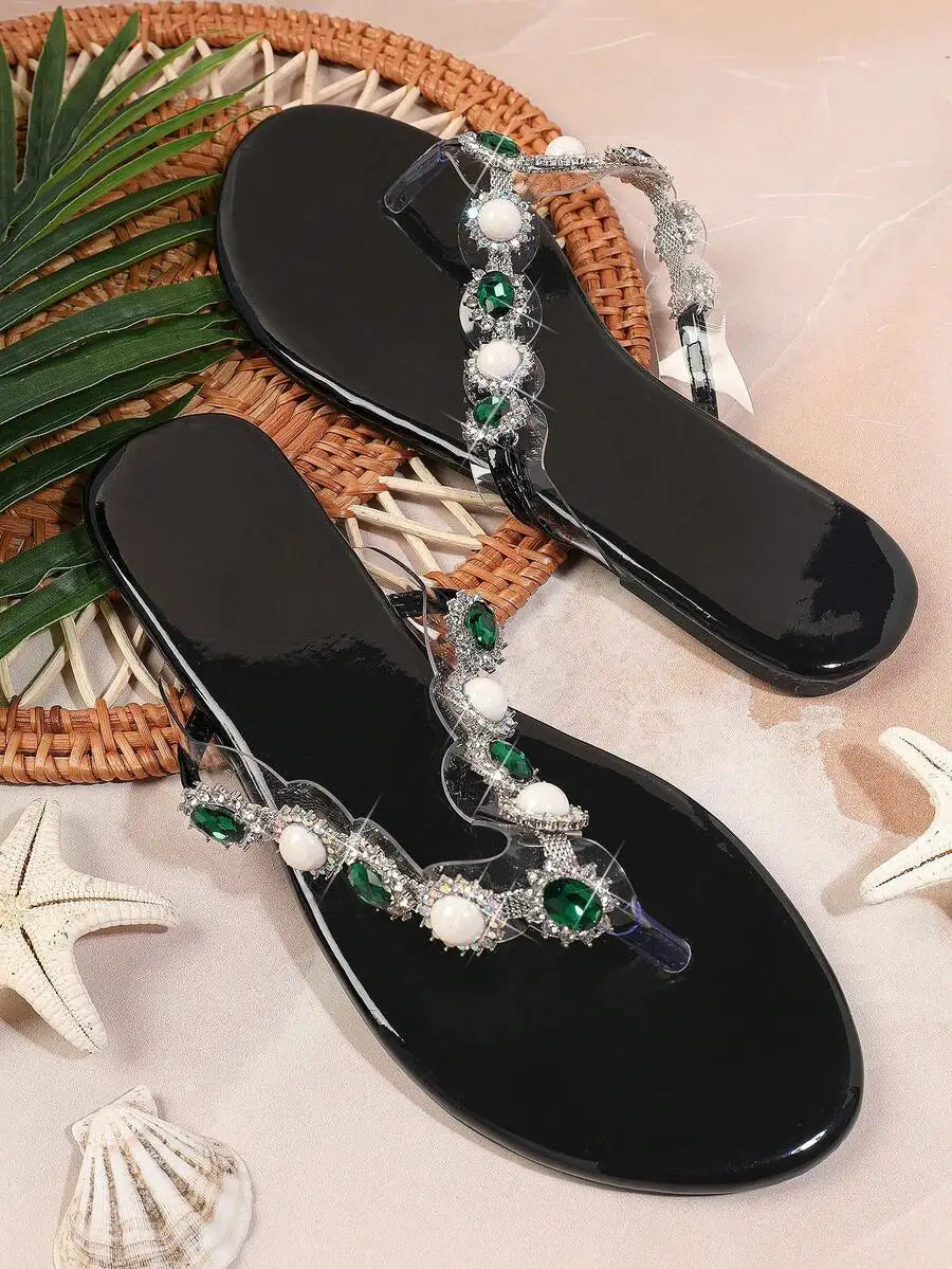 Women's Gemstone Decor Thong Flat Sandals, Punk Chic Edgy Design, Fashion Comfy Summer Casual Shoes