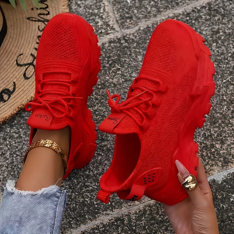 Women Chunky Platform Dad Sneakers, Knit Mesh Lace Up Wavy Sole Casual Shoes, Thick Bottom Non-slip Walking Trainers, Breathable Lightweight Fashion Athletic Shoes, Versatile Daily Outdoor Running Footwear For All Seasons