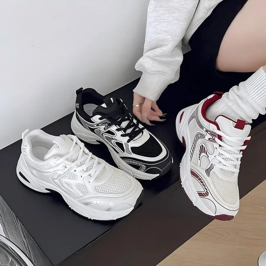 Women Platform Chunky Sneakers Trendy Color Block Breathable Casual Shoes Comfortable Height Increasing Walking Trainers