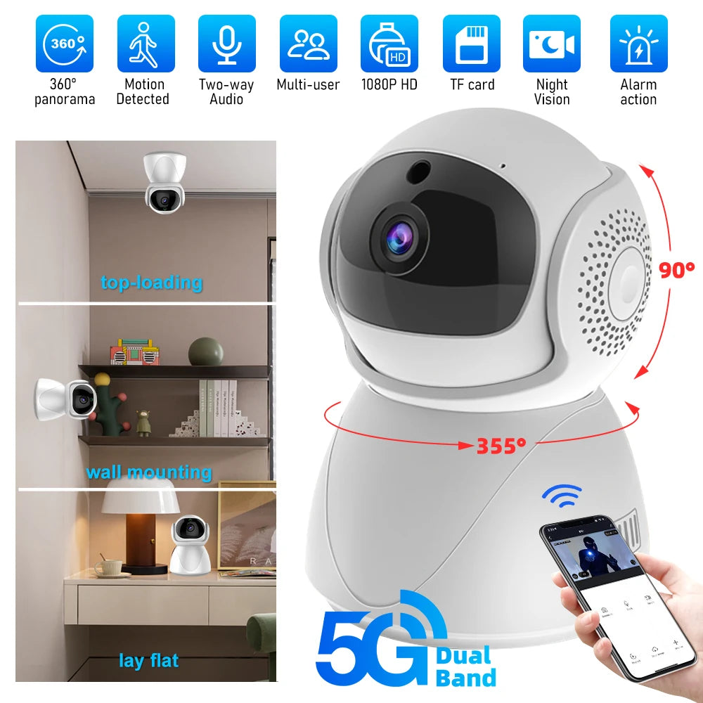 5G Dual Band WiFi Security Camera 1080P HD Indoor PTZ IP Camera 355° Pan 90° Tilt Baby Monitor Two Way Audio Motion Detection Night Vision AP Hotspot Wireless Surveillance Camera