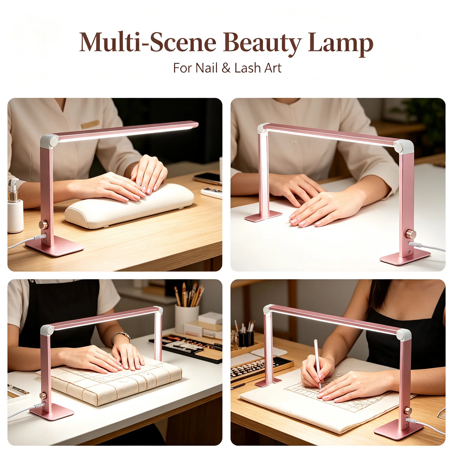 Square Foldable LED Nail Desk Lamp 36W, Half-Moon Manicure Light with Stepless Dimming & 3 Color Temperatures, 3000LM 480 Beads for Nail Art Eyelash Extension, Pink
