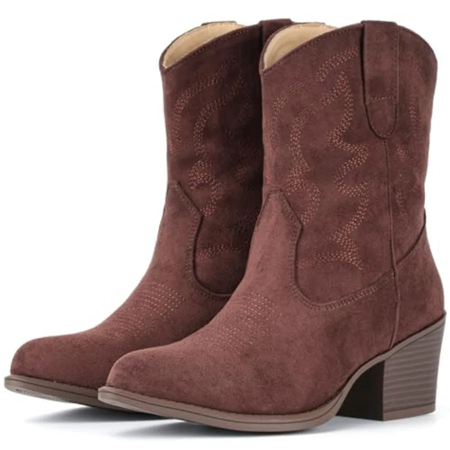 IXU Cowboy Boots for Women Wide Suede Ankle Western Cowgirl Boots Mid Calf Pointed Toe Short Chunky Classic Booties