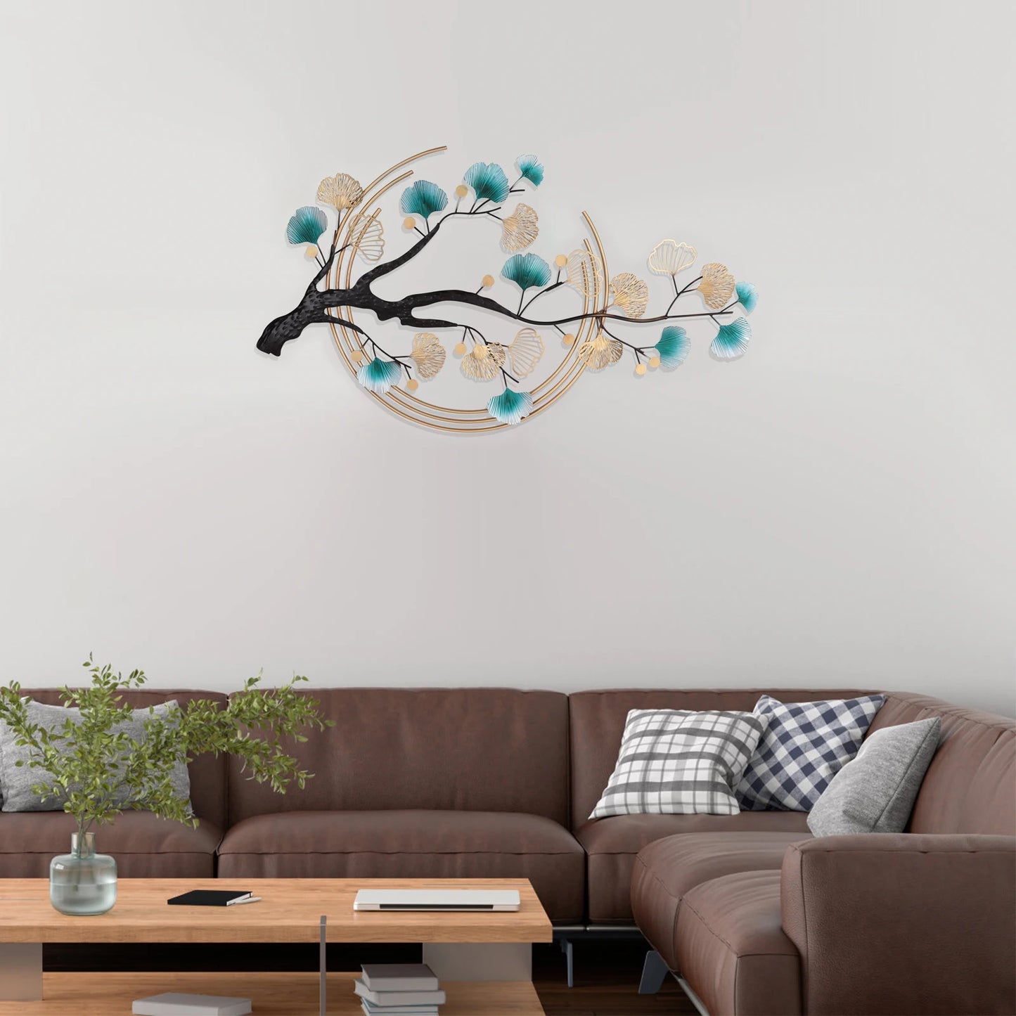 Chinese Style Metal Wall Art 3D Ginkgo Leaf Iron Wall Hanging Modern Luxury Living Room Bedroom Wall Decor 110x68cm