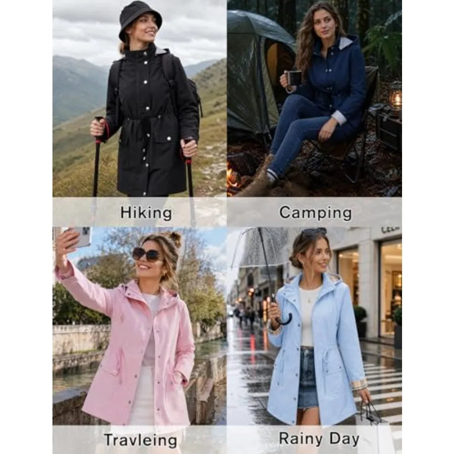 BBX Lephsnt Rain Coats for Women Waterproof Rain Jacket Lightweight Windbreaker Outdoor Hooded Trench Coat