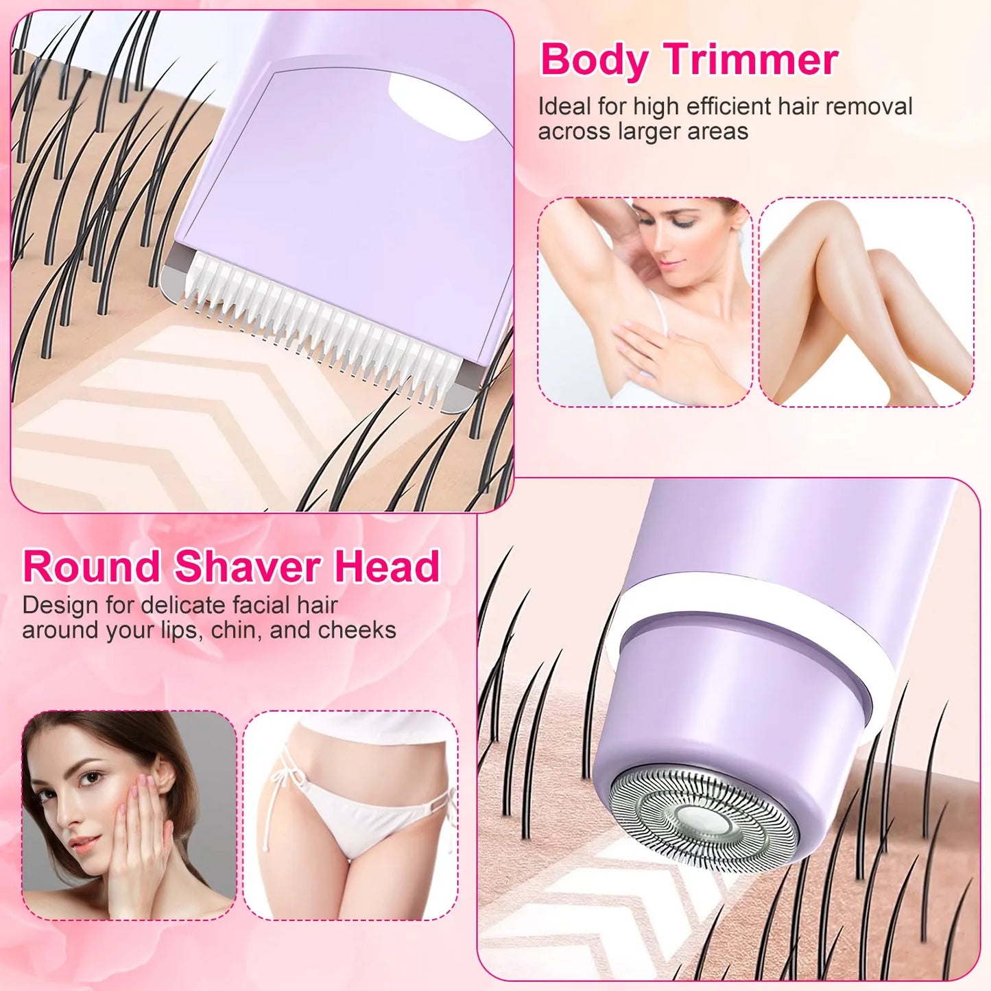 1Pc 2 In 1 Bikini Trimmer For Women Dual Head Cordless Body Shaver IPX5 Waterproof Rechargeable Pubic Hair Razor Wet And Dry Use For Bikini Underarm Leg Arm Body Face