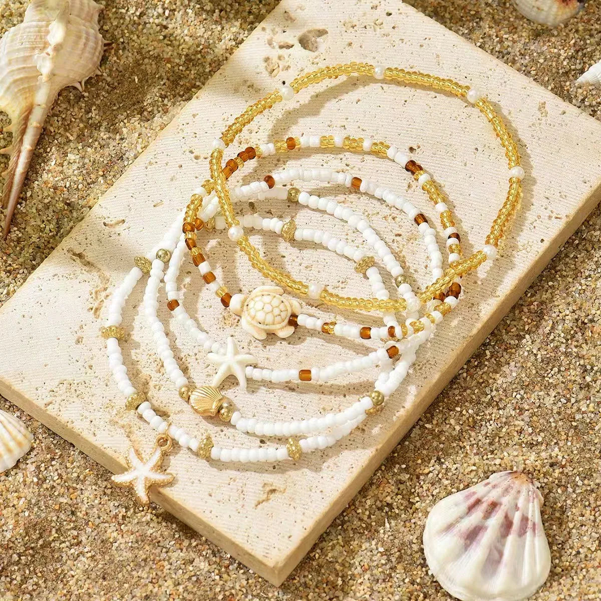 5pcs/Set Summer Bohemian Ocean Style Beaded Chain Anklet, Alloy Fish Tail Decor Foot Jewelry Women, Suitable Daily Wear And Beach Party, Shape, Size And Surface Pattern Of Shells Are Random I2MC
