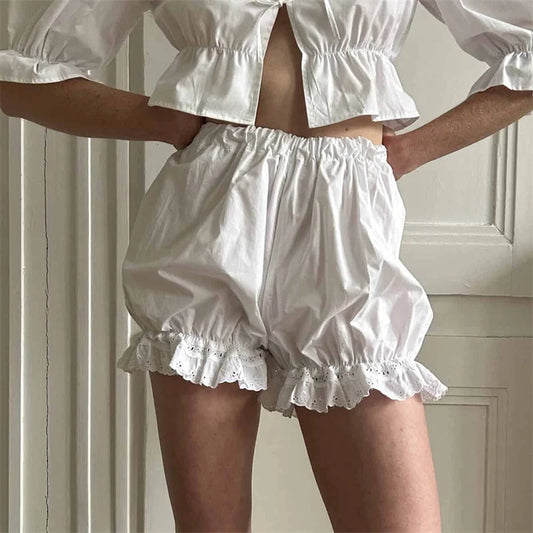 Women Shorts Summer Ladies Y2K Coquette Victorian Solid Color Bloomers Cotton Elastic High Waist Ruffle Hem Daily Party White