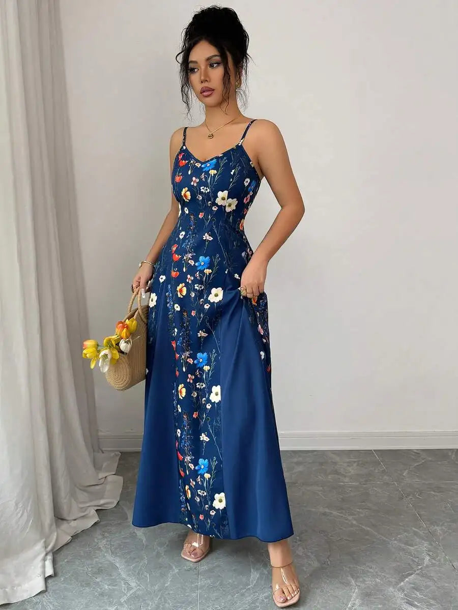 Womens V-Neck Floral Print Sleeveless Long Sundress Blue Casual Maxi Dress