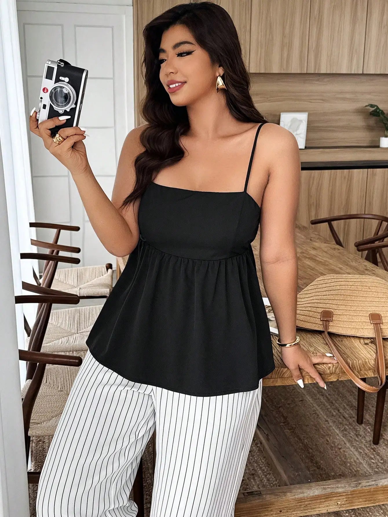 Plus Size Women Summer Solid Ruffle Hem Camisole And Wide Leg Pants Set