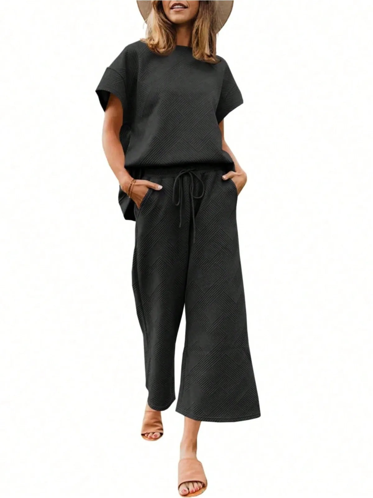 Fisoew two piece sets  Luxury High Stretch Drawstring Waist Sweatsuit Set Women 2025 Y2K Two Piece Outfit Cropped Top Wide Leg