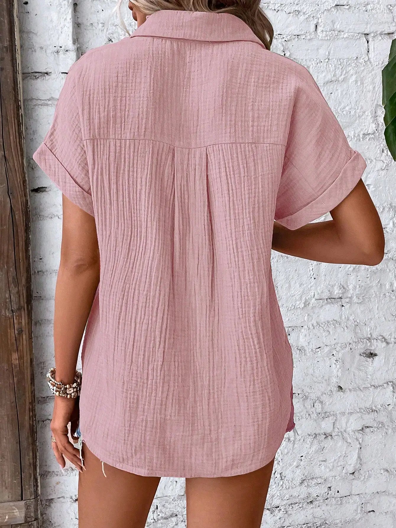 Casual Solid Color Textured Batwing Sleeve Shirt