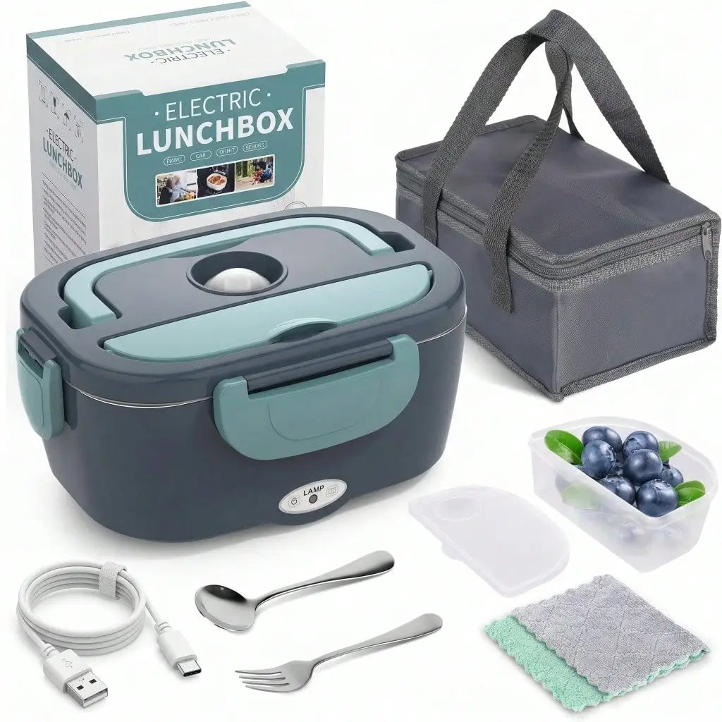 Electric Heating Lunch Box; 1.5L 304 Stainless Steel Dual Compartment Food Warmer, 12V Car Use, Portable Heated Bento Box With Fork, Spoon & Insulated Bag, Viral Must-Have For Office, Travel & Road Trips, Perfect Gift For Com