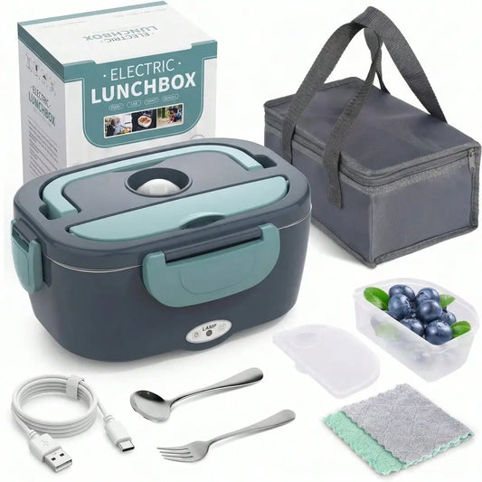 Electric Heating Lunch Box; 1.5L 304 Stainless Steel Dual Compartment Food Warmer, 12V Car Use, Portable Heated Bento Box With Fork, Spoon & Insulated Bag, Viral Must-Have For Office, Travel & Road Trips, Perfect Gift For Com