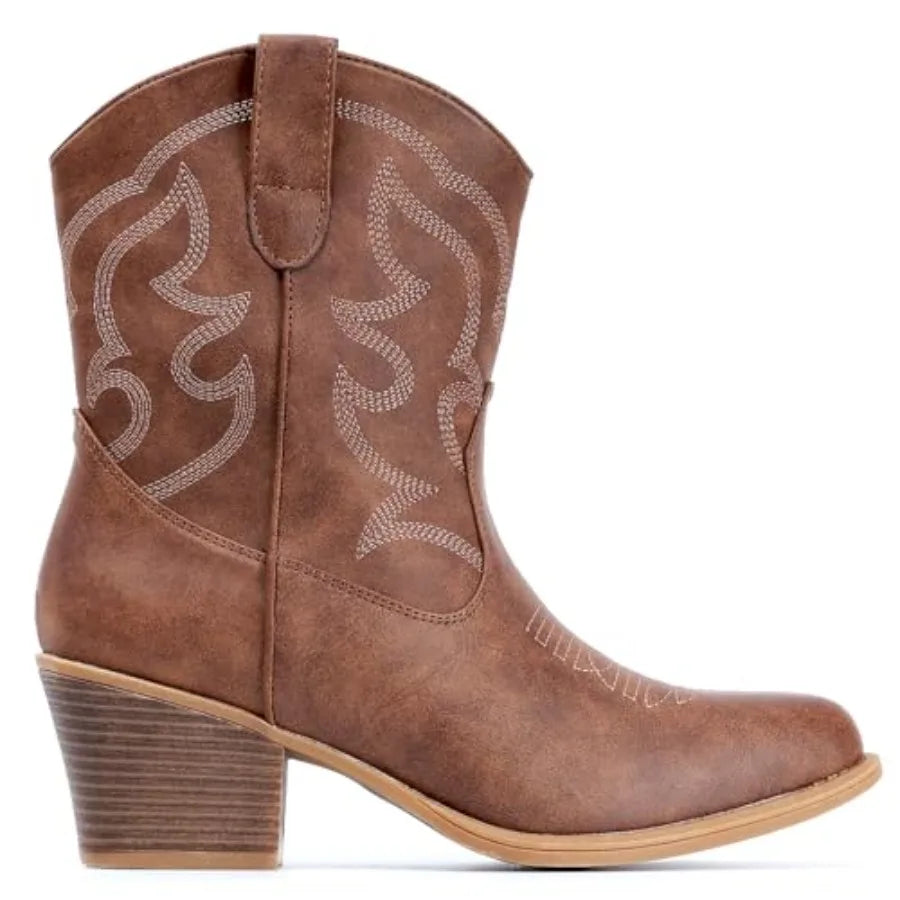 IXU Cowboy Boots for Women Wide Suede Ankle Western Cowgirl Boots Mid Calf Pointed Toe Short Chunky Classic Booties