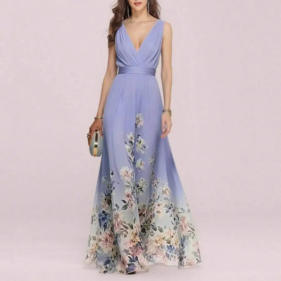 Elegant V-Neck Floral Print Waist-Cinching Floor-Length Dress For Women