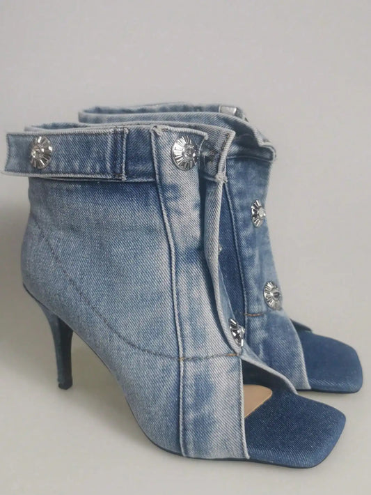 New Arrival Catwalk Thin High Heel High-Top Peep Toe Buckled Slippers Square Toe Sandals