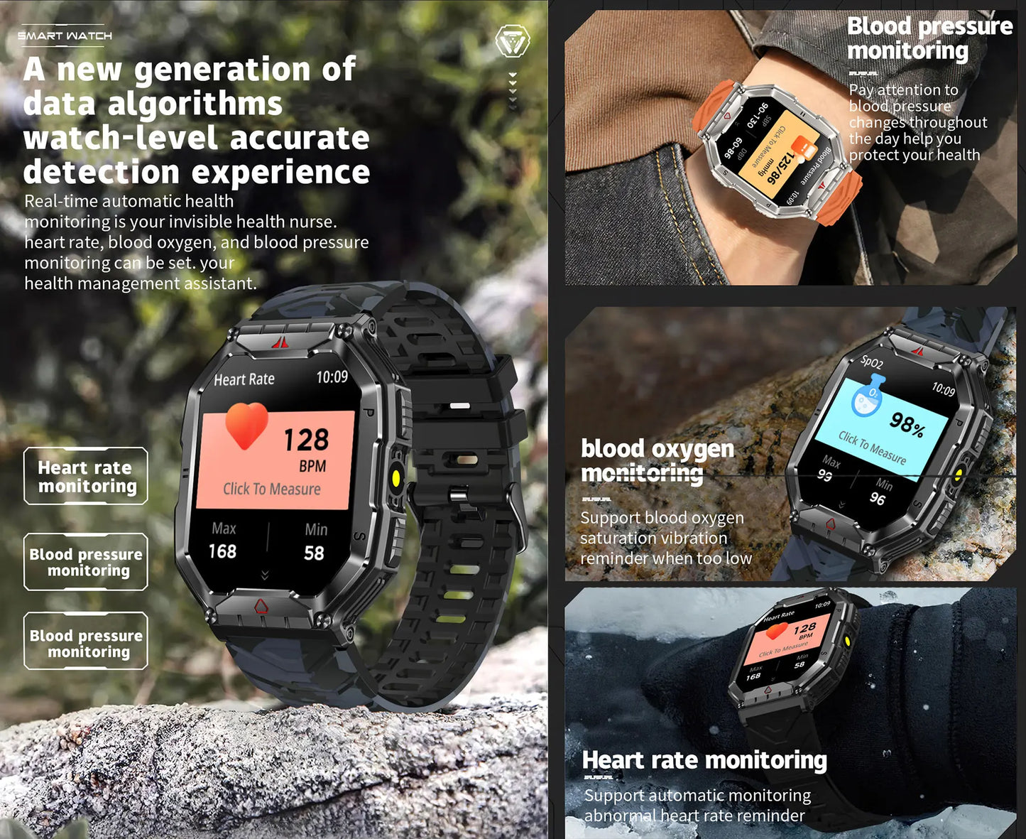 Multi Sport Smart Watch Men Outdoor Compass LED Flashlight 650mAh Large Battery 2.01" HD Display Heart Rate BT Call Smartwatch