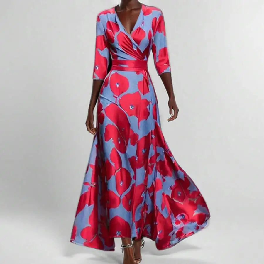 Elegant V-Neck Floral Print Waist-Cinching Floor-Length Dress For Women