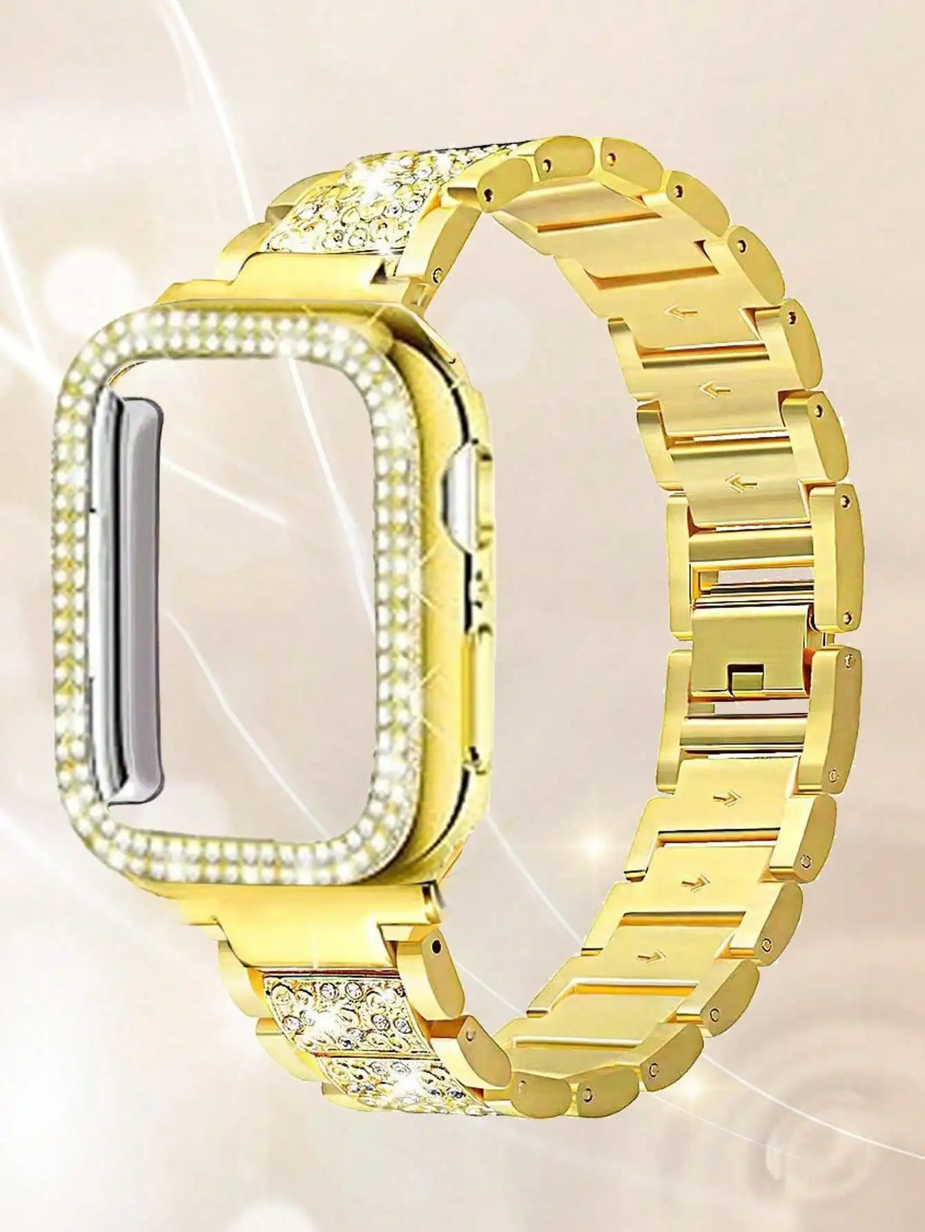 Pink Shiny Diamond Metal Strap & Bling Protective Case 2Pcs Set for Apple Watch, Women Luxury Jewelry Accessory, S(38/40/41) M(42/44/45/49) L(S10/S11 42) XL(S10/S11 46), Compatible with Ultra3/Ultra2/Ultra, SE3/SE2/SE, Series