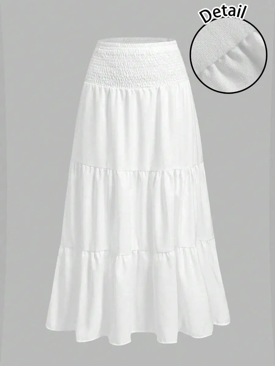 Casual Vacation Style Smocked Waist Layered A-Line Skirt For Women Summer