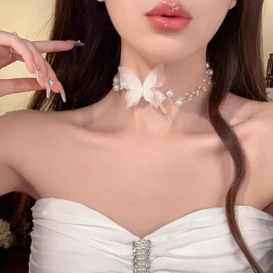 Y2K White Lace Cross Strap Key Choker Necklace for Women Sweet Cool Heart Chain Double Layer Necklace Fashion Party Jewelry Gift